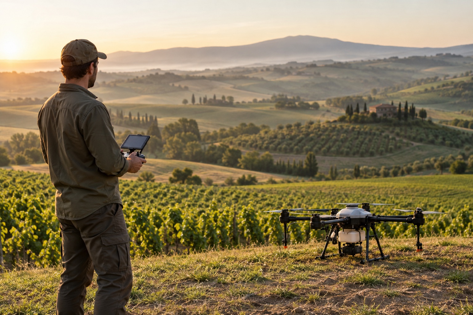 An operator holding a controller beside a stationary agricultural drone in the warm morning light.