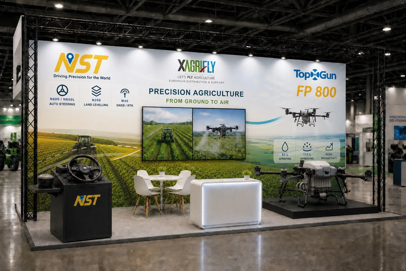 Rendering dello stand XAgriFly, TopXGun e NST a EIMA 2026